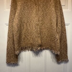 Kate Hill Tan Cardigan with Fringe Detail Metallic Gold Threading